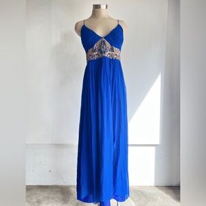 Aidan Mattox Royal Blue Spaghetti Strap Prom Gown with Gold Embellishment